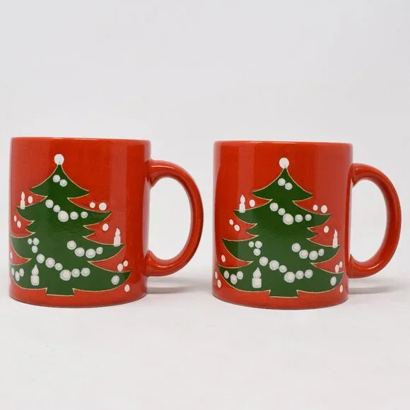 VTG Set Waechtersbach West W Germany Christmas Tree Mug Ceramic Red Green 2 Cups - Picture 3 of 14